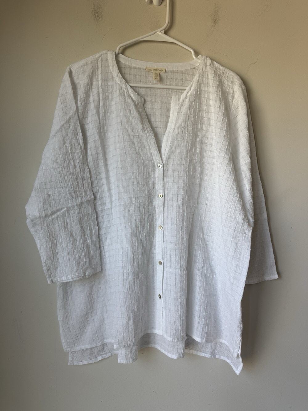 Eileen Fisher Organic Cotton Button-Up Collarless Shirt White Size M Exellent